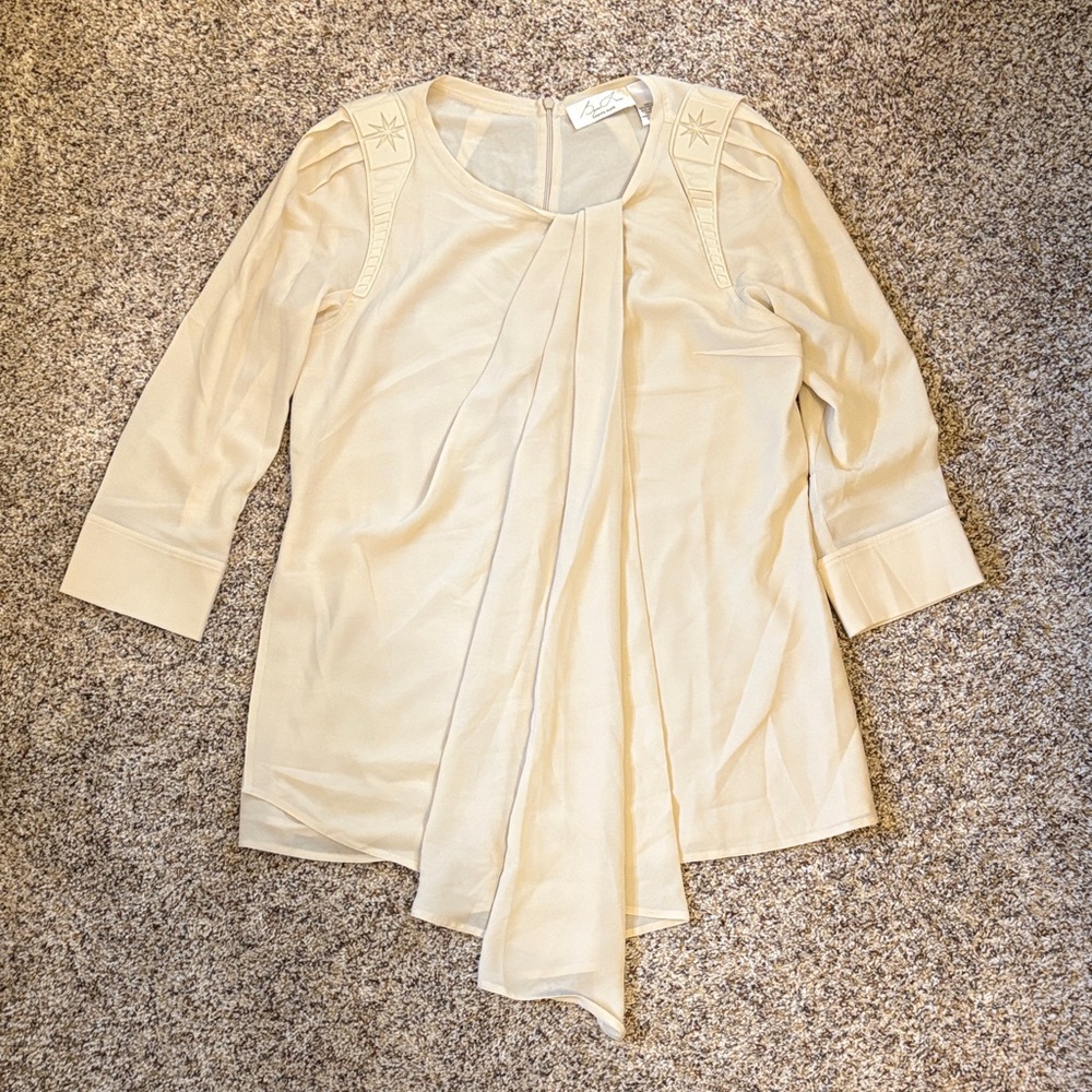 Byron Lars Cream Pleated Tie-Front Blouse with Embroidered Shoulders